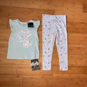 NWT Girls Size 7-8 Easter Outfit - Ruffle Sleeve Bunny Top & Flower Leggings Set